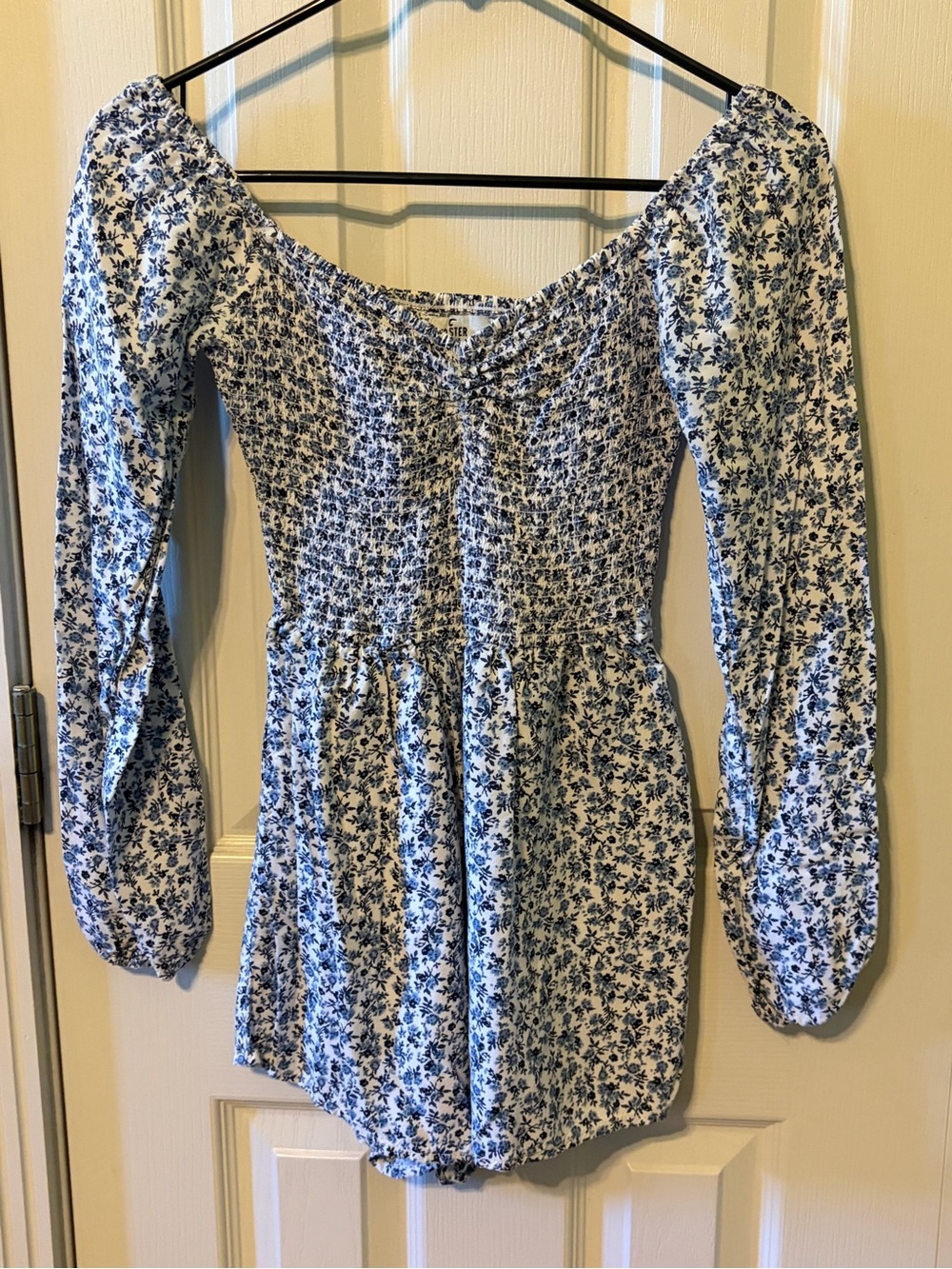 Hollister White and Blue Floral Long Sleeve Smocked Bodysuit with Shorts